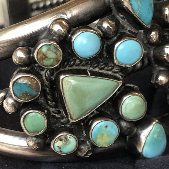 Navajo Indian 70 grams Sterling Silver Turquoise Cluster Bracelet Signed - Picture 5 of 16